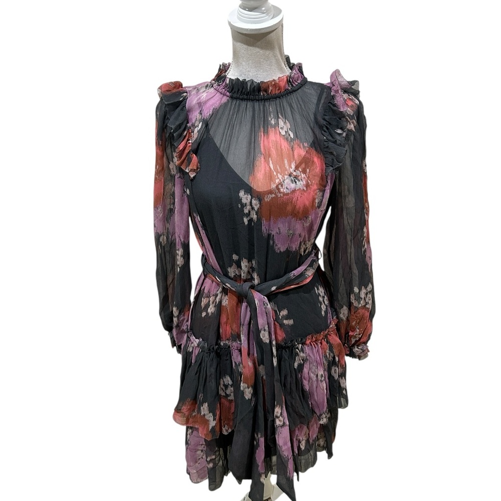 NWT unsubscribed Floral Long Sleeve sheer floral Dress tie belt ruffle black  8 - Picture 2 of 13